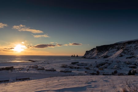 Winterscape in the town of Vík on the icelandic south coast