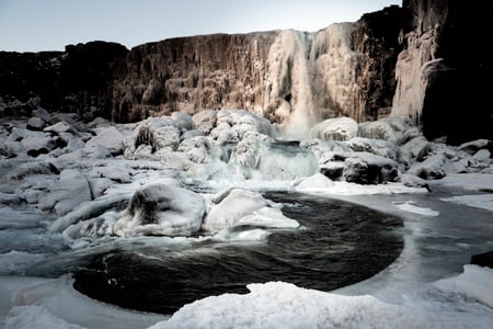 Frozen waterfall Öxarárfoss in the Thingvellir national Park