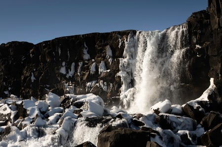 Waterfall of Öxarárfoss partly frozen in the wintertime in Þingvellir