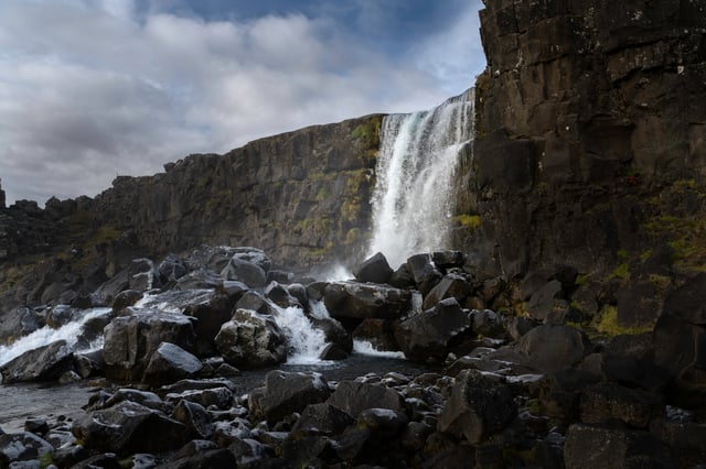 The waterfall of Öxarárfoss flows in the Þingvellir National Park
