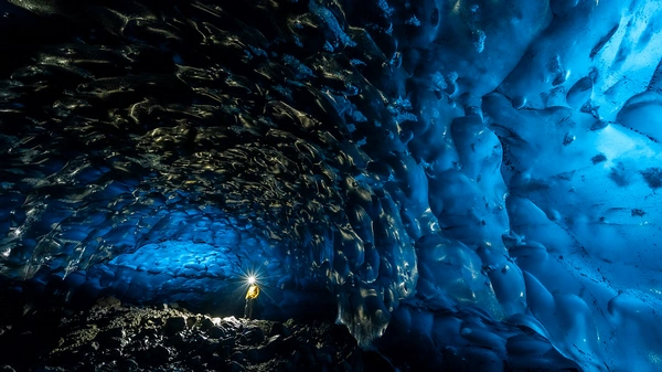 Stunning blue ice formations inside Vatnajökull glacier crystal cave