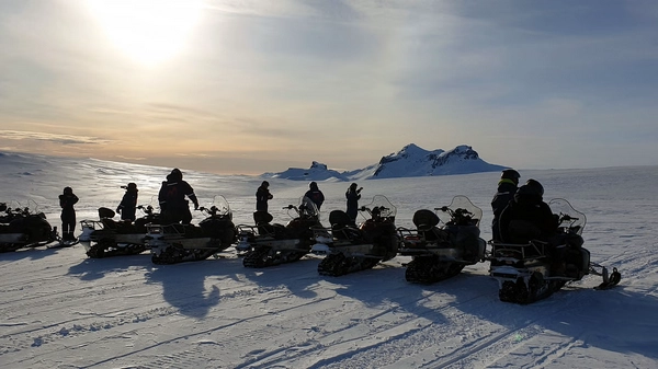 Panoramic view of Langjökull glacier with surrounding peaks