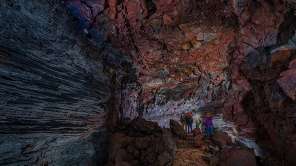 Interior view of lava tunnel showing volcanic rock formations