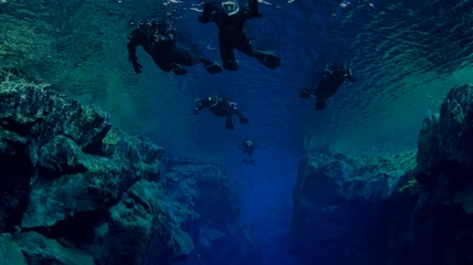Underwater view of Silfra fissure showing the gap between continental plates