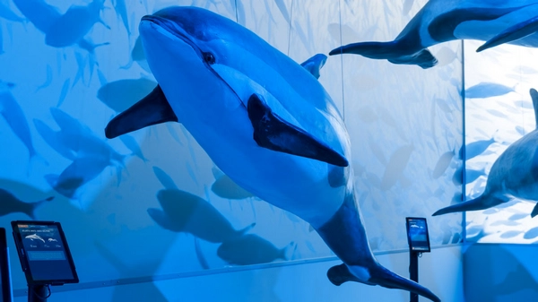 Families exploring hands-on marine education interactive stations