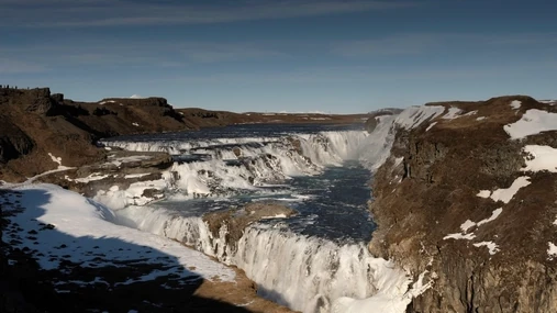 One of the most beautiful waterfall in Iceland: Gullfoss during a sunny winter day on the Golden Circle