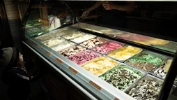 A small child is looking at a colorful display of icecreams in Efstidalur
