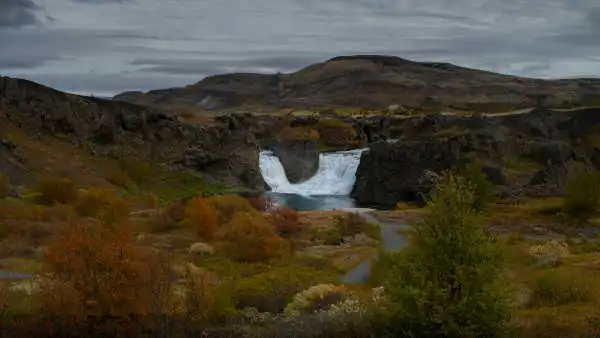 A double waterfall falls into a clear pond, with hundreds of bushes of autumnal colours in the foreground