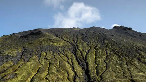 Hikers on top of a green mountain