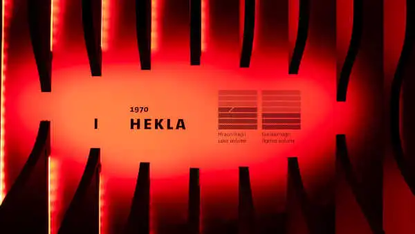 A red lit sign is displaying information about Hekla Volcano