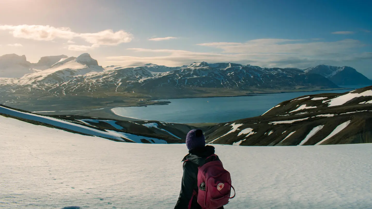 A hiker is looking at a fjord