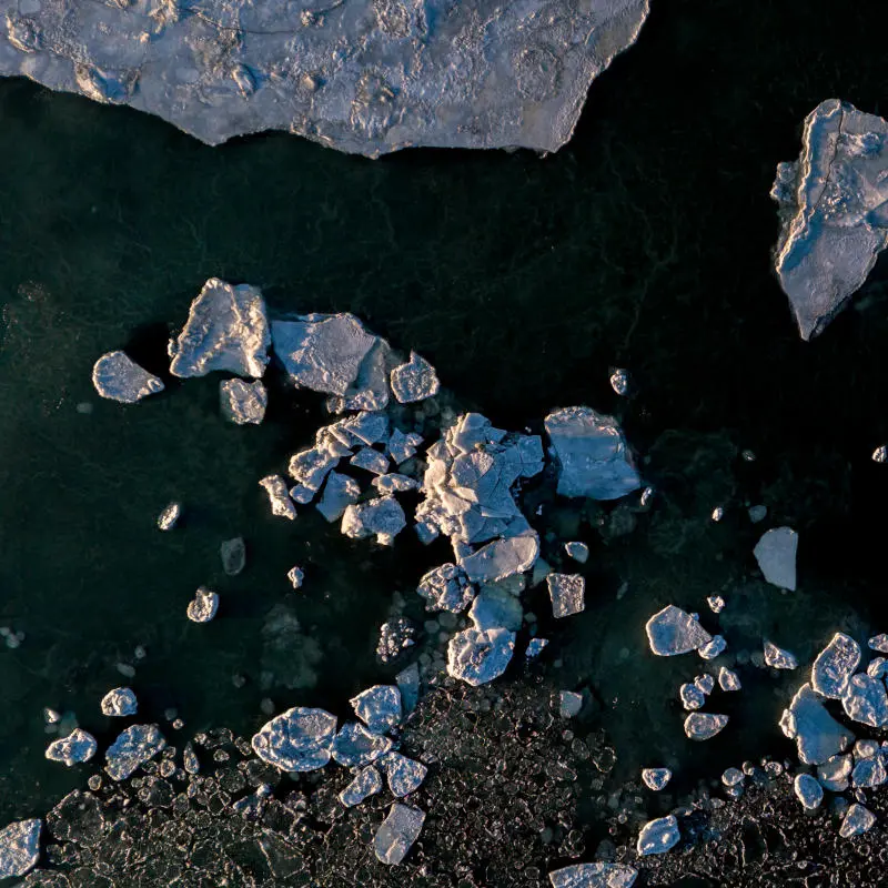 Blocks of ice floating on a river