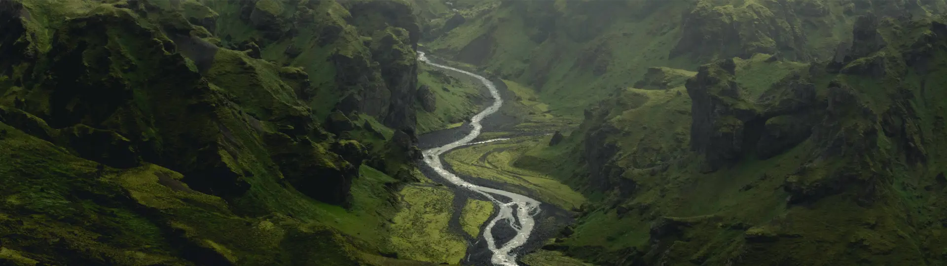 Swirling river in a green, lush valley