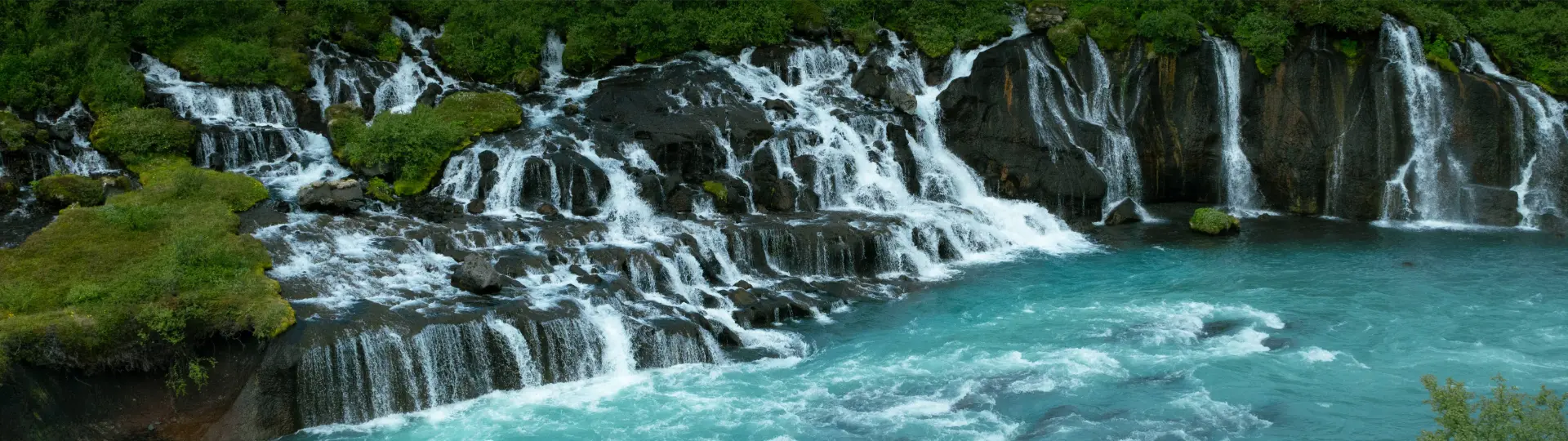 Plenty of waterfalls falling in turquoise blue water