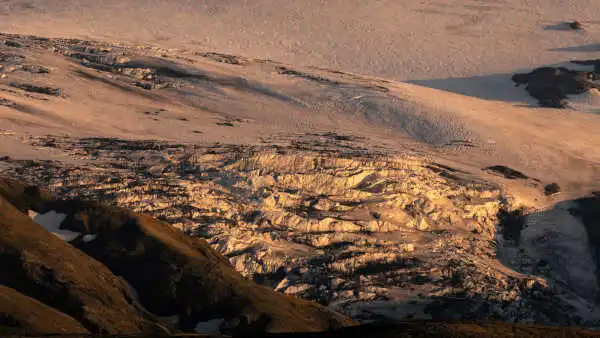 Closeup of a glacier with sunset colors